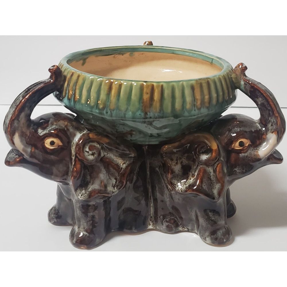 VTG Majolica Planter Chinese Elephant Trio Good Luck Symbol Rich Glaze MED Size